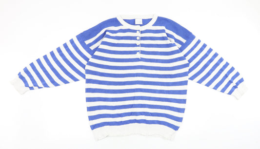 Preworn Womens Blue Round Neck Striped 100% Cotton Pullover Jumper Size 14