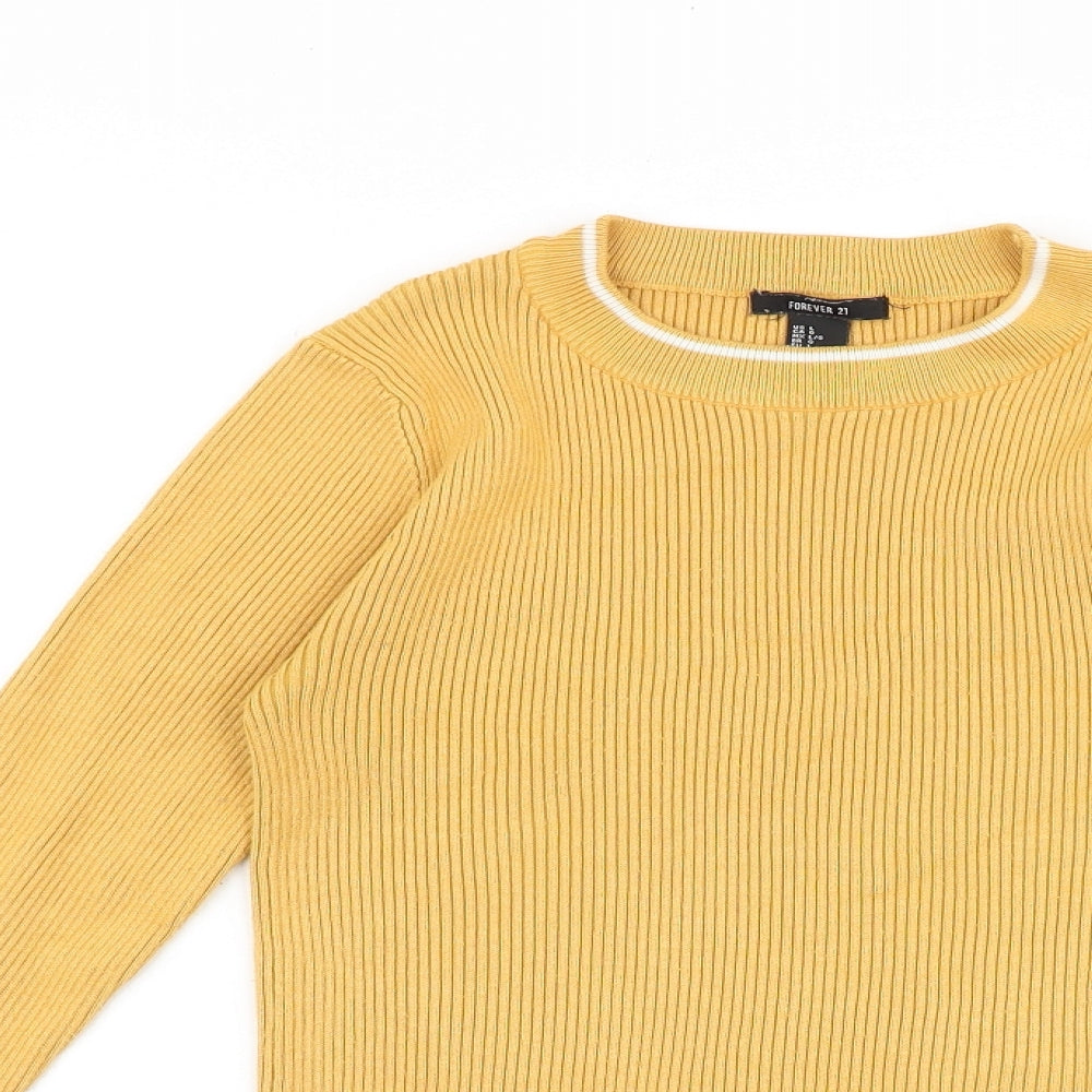 FOREVER 21 Womens Yellow Round Neck Cotton Pullover Jumper Size L Pullover - Ribbed