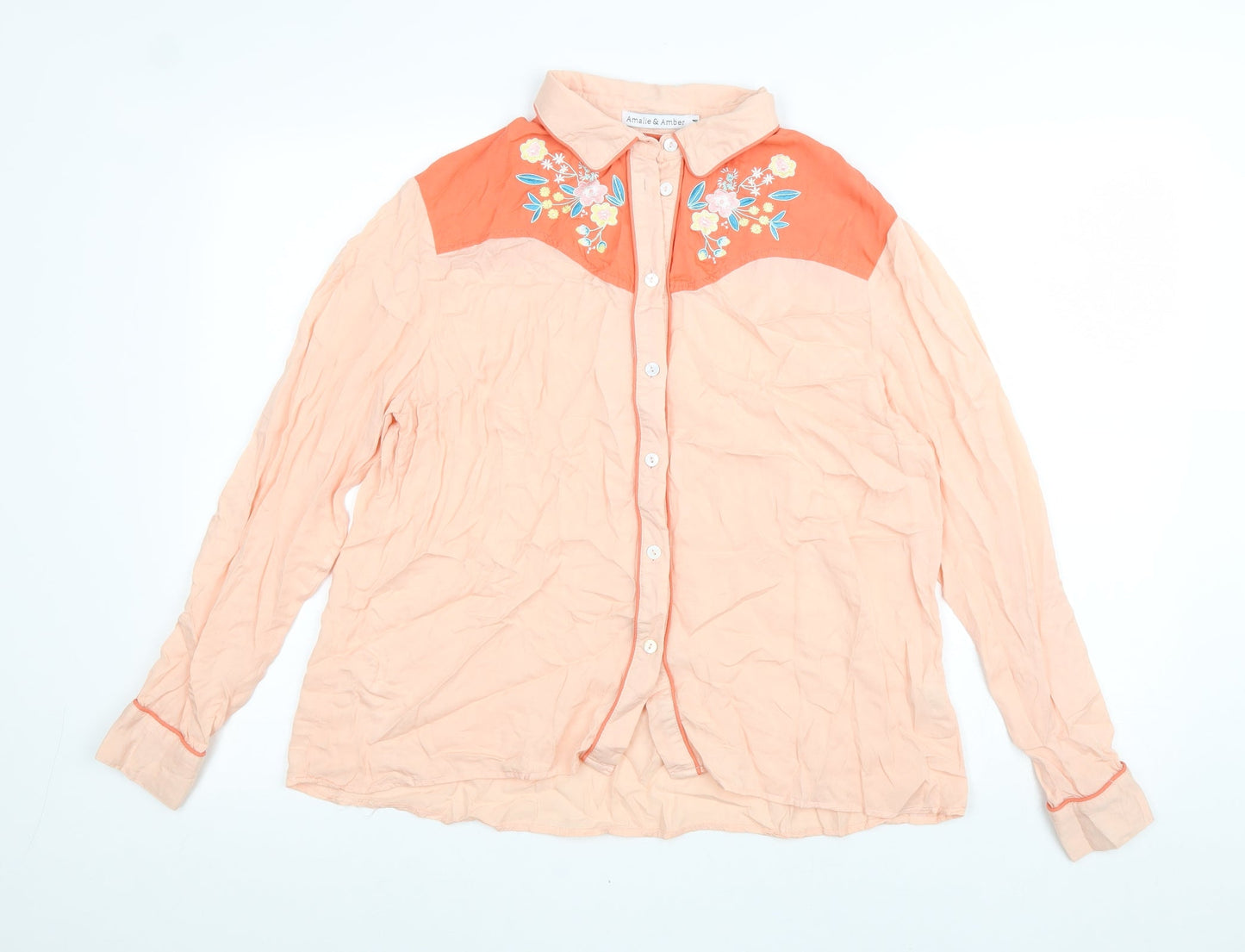 Amalie & Amber Womens Pink Viscose Basic Button-Up Size M Collared - Flower Detail