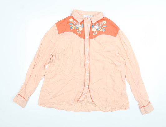 Amalie & Amber Womens Pink Viscose Basic Button-Up Size M Collared - Flower Detail