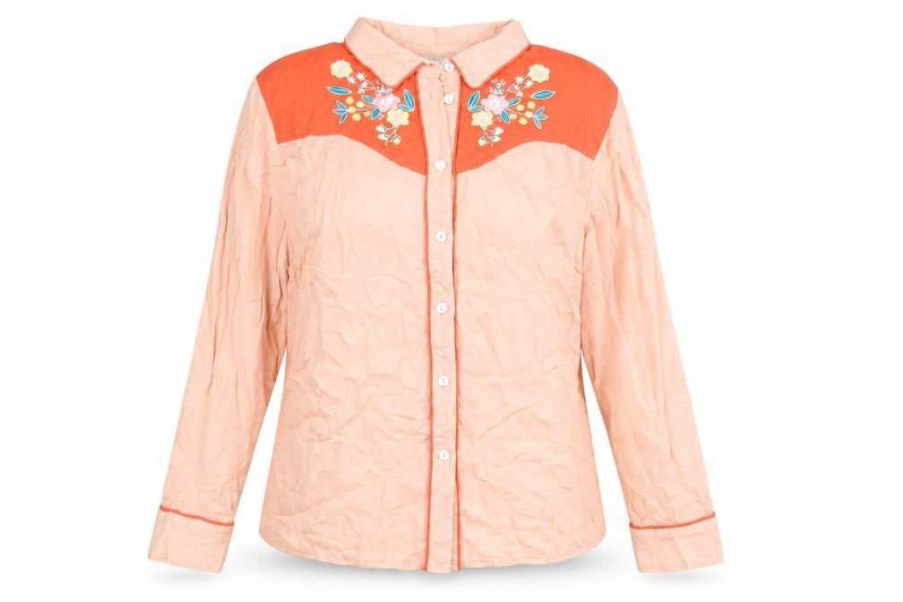 Amalie & Amber Womens Pink Viscose Basic Button-Up Size M Collared - Flower Detail