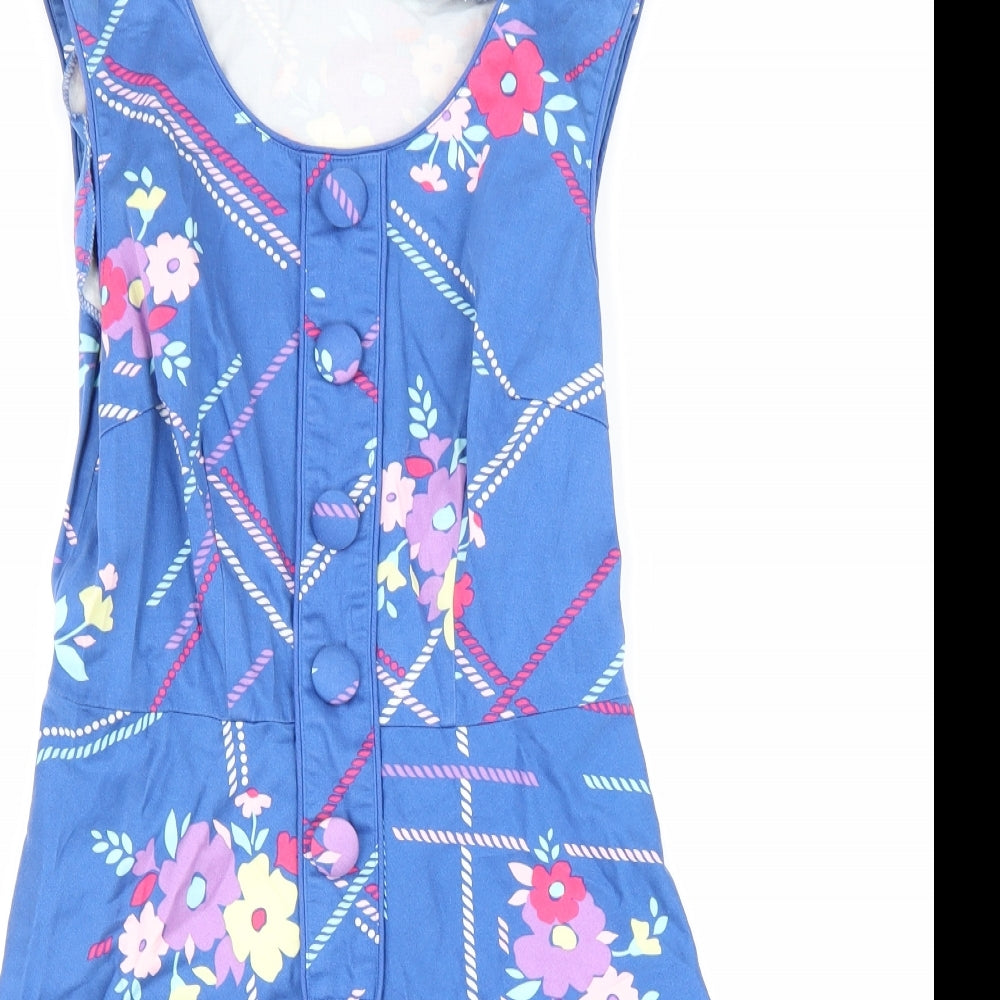 New Look Womens Blue Geometric Cotton A-Line Size 8 Round Neck Pullover