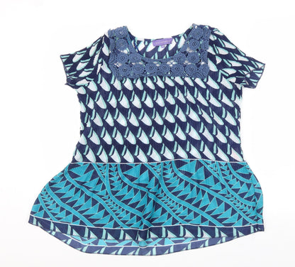 Autonomy Womens Blue Geometric Polyester Basic Blouse Size 12 Round Neck