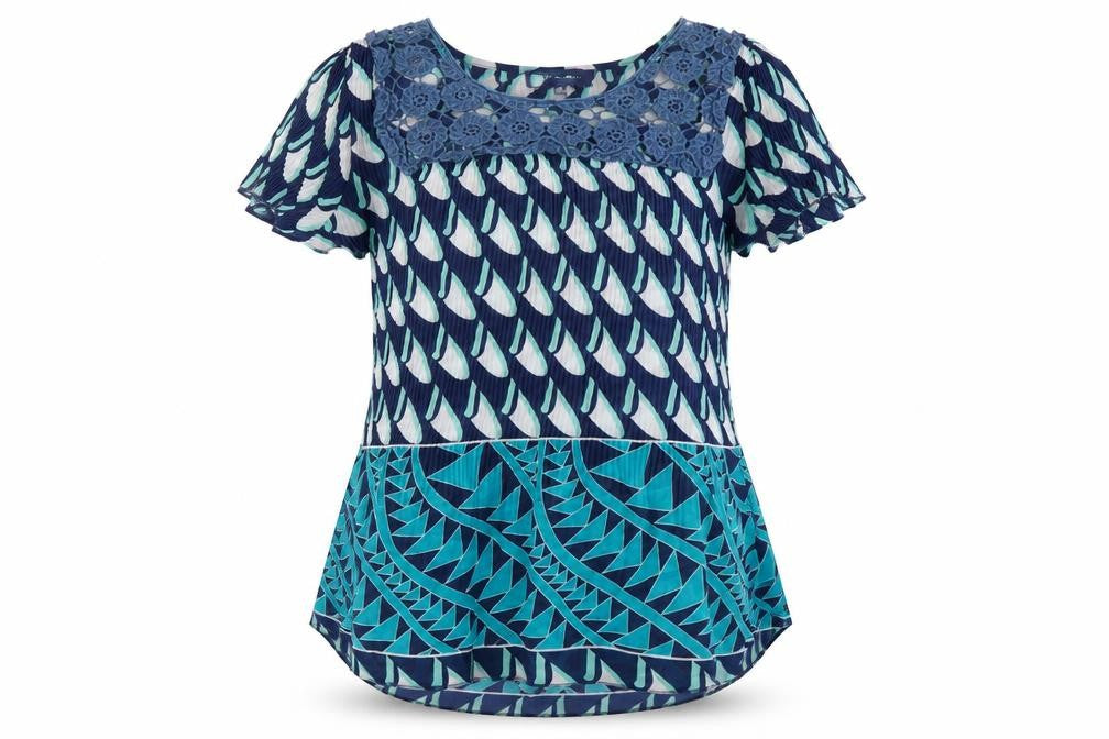 Autonomy Womens Blue Geometric Polyester Basic Blouse Size 12 Round Neck