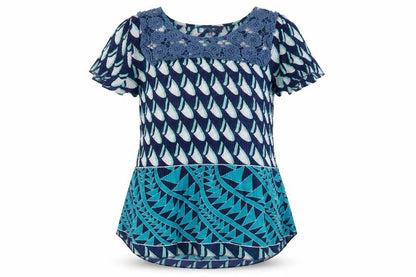 Autonomy Womens Blue Geometric Polyester Basic Blouse Size 12 Round Neck