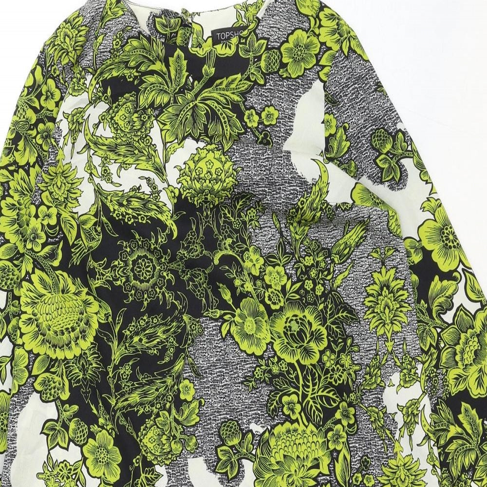 Topshop Womens Green Floral Viscose Shift Size 8 Round Neck Button