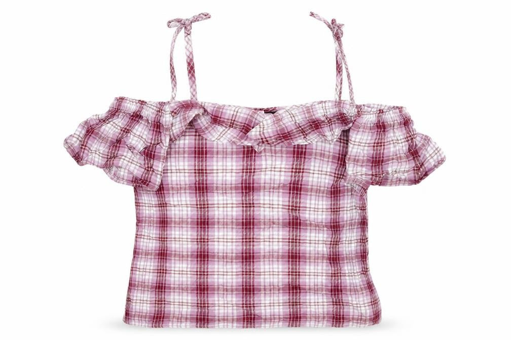 New Look Womens Red Plaid Cotton Basic Blouse Size 10 Off the Shoulder