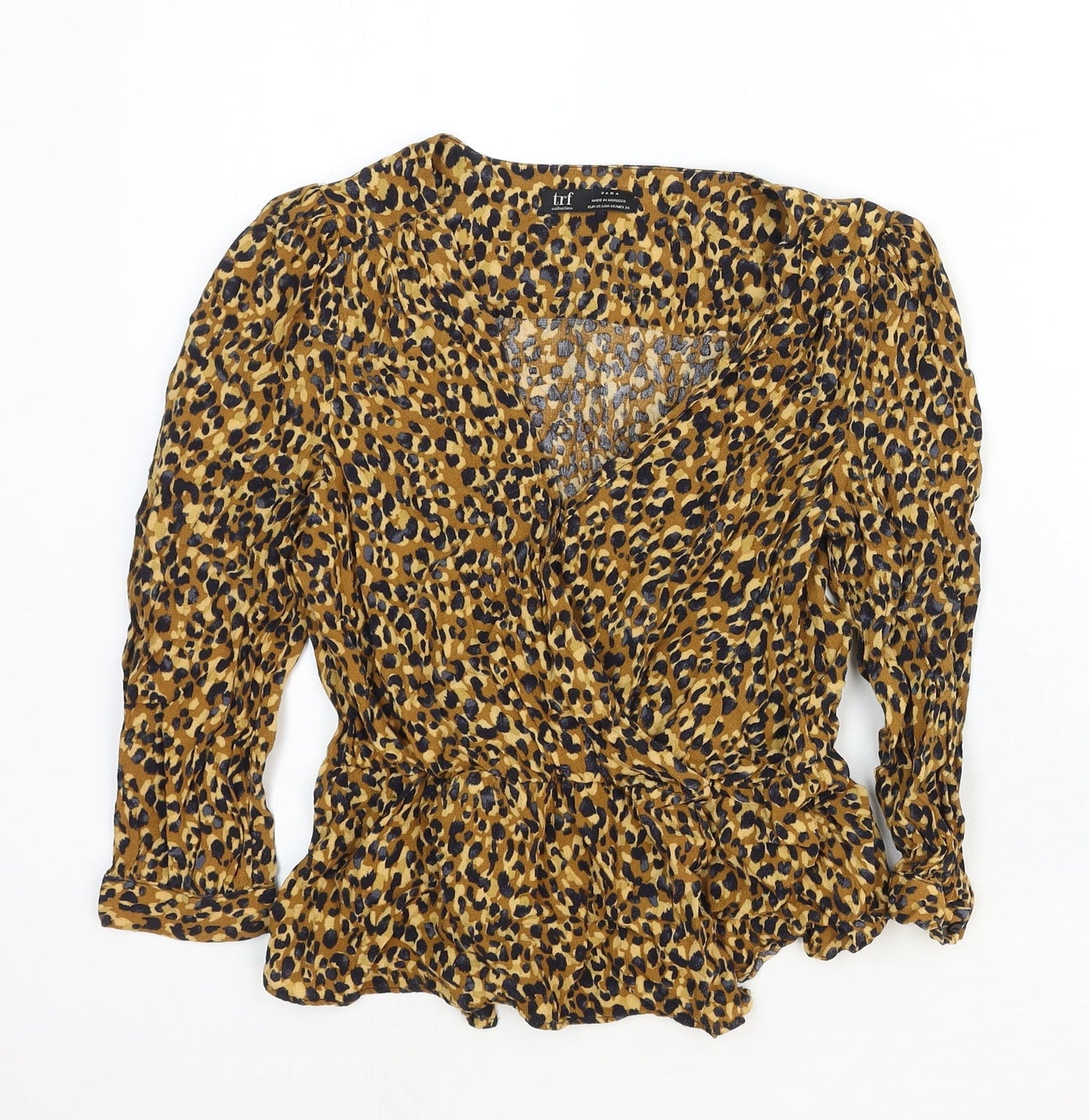 Zara Womens Brown Animal Print Viscose Basic Blouse Size XS V-Neck - Leopard Print