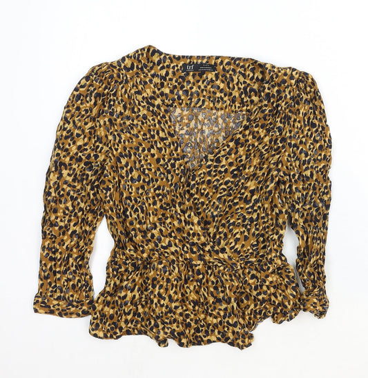 Zara Womens Brown Animal Print Viscose Basic Blouse Size XS V-Neck - Leopard Print