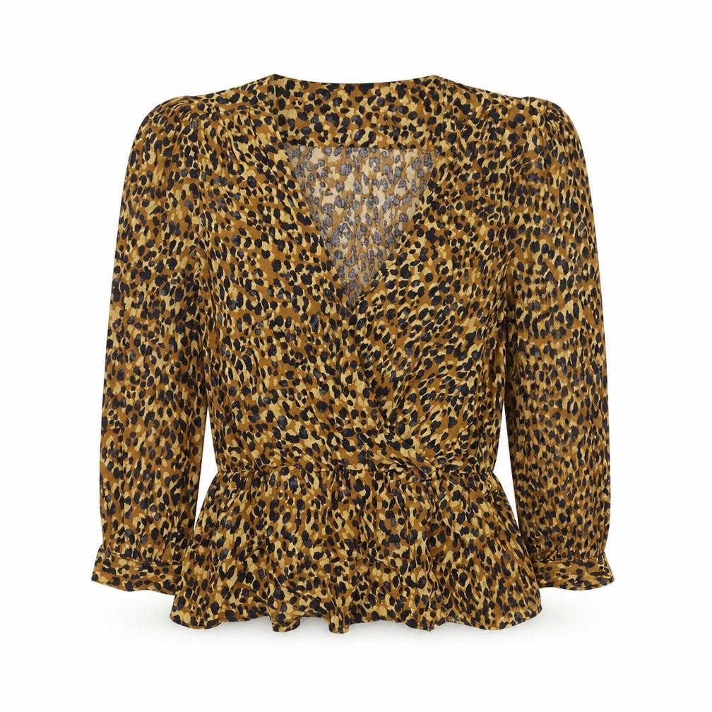 Zara Womens Brown Animal Print Viscose Basic Blouse Size XS V-Neck - Leopard Print