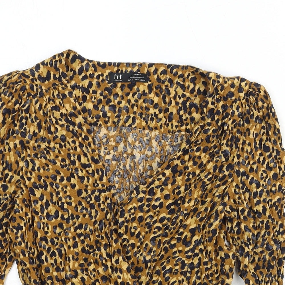 Zara Womens Brown Animal Print Viscose Basic Blouse Size XS V-Neck - Leopard Print