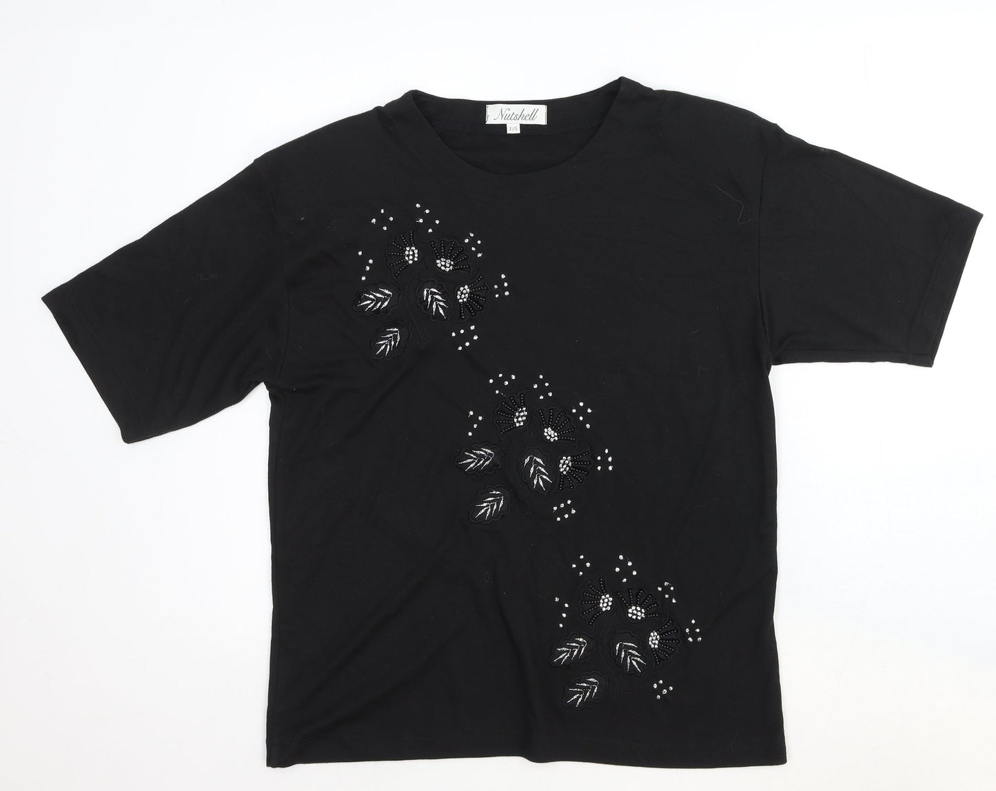 Nutshell Womens Black Geometric Cotton Basic T-Shirt Size S Scoop Neck