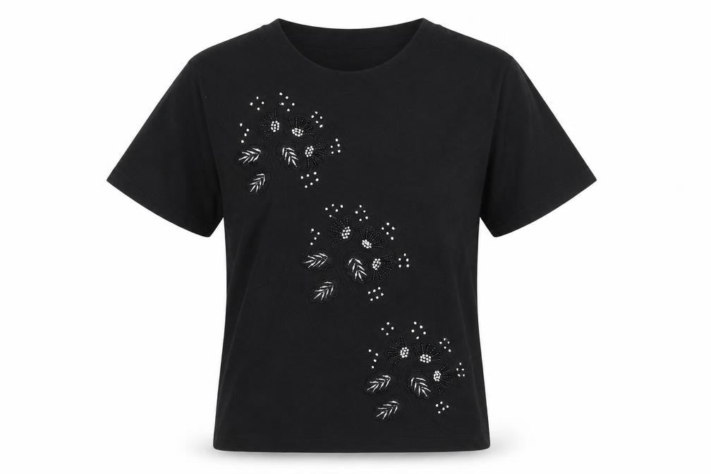 Nutshell Womens Black Geometric Cotton Basic T-Shirt Size S Scoop Neck