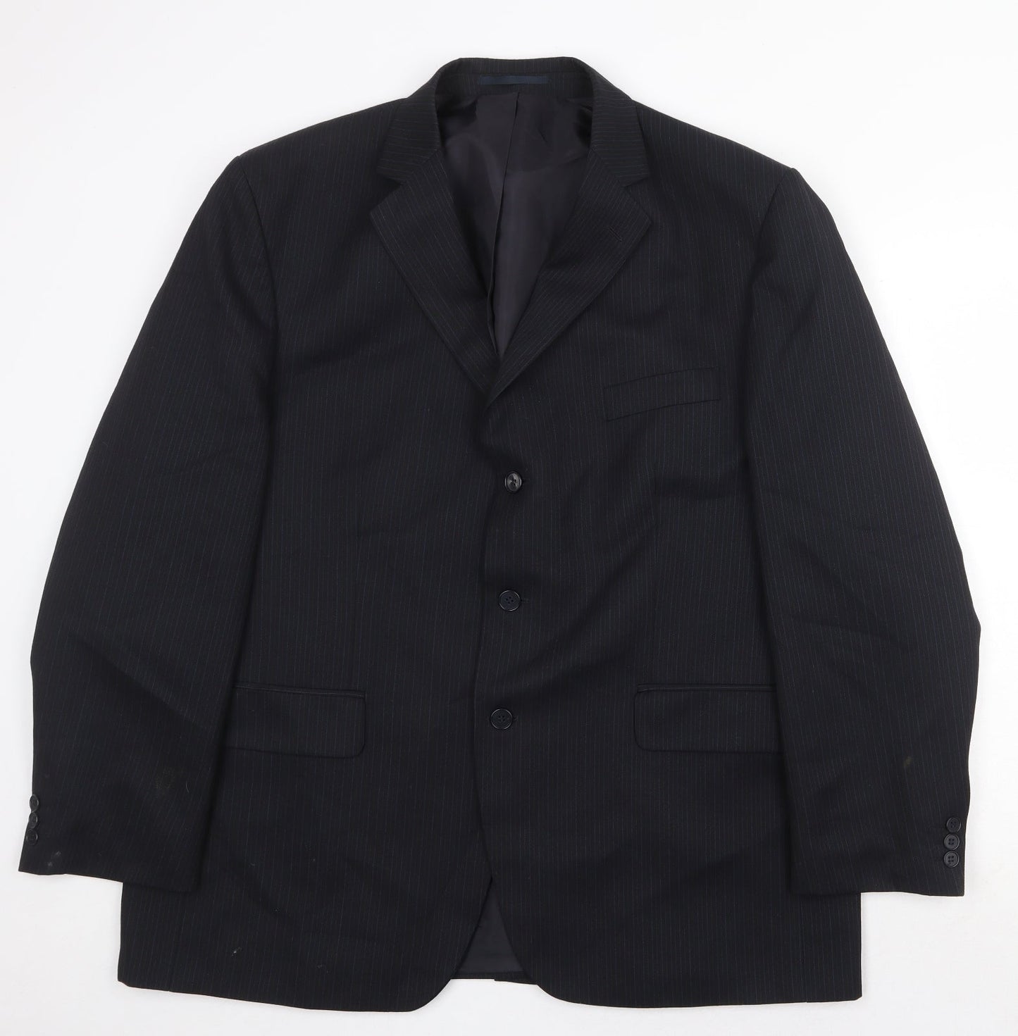 Pinstripe Mens Black Striped Polyester Jacket Suit Jacket Size 46 Regular