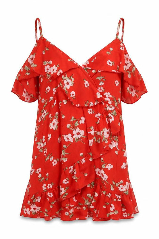Jumeiyifang Womens Red Floral Polyester Tunic Blouse Size M V-Neck - Cold Shoulder