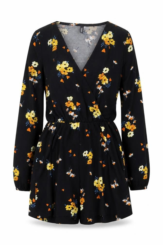 H&M Womens Black Floral Polyester Playsuit One-Piece Size 4 Snap