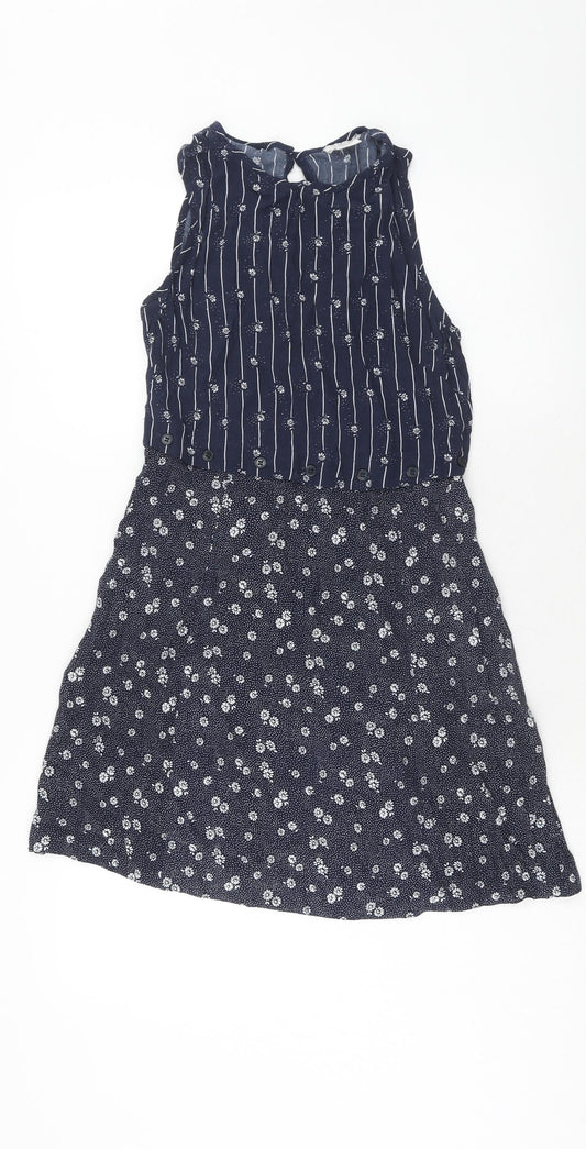 Cooperative Womens Blue Geometric Viscose Skater Dress Size XS Round Neck Button