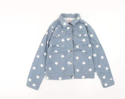 Front view of Threads girls’ blue geometric cotton basic jacket jacket, size 9-10, years button - star