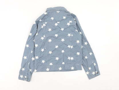 Back view of Threads girls’ blue geometric cotton basic jacket jacket, size 9-10, years button - star