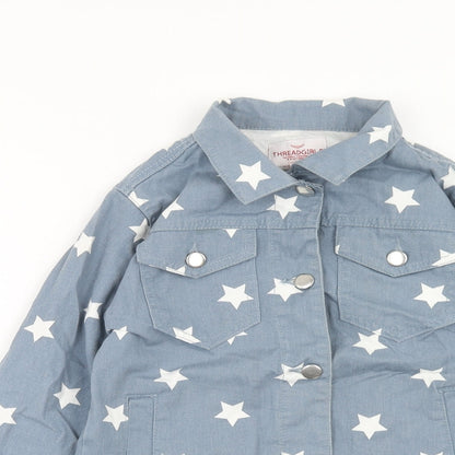 Close-up detail of Threads girls’ blue geometric cotton basic jacket jacket, size 9-10, years button - star