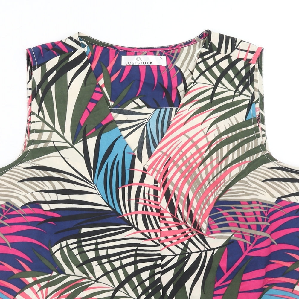 Loststock Womens Multicoloured Geometric Polyester Basic Tank Size S V-Neck
