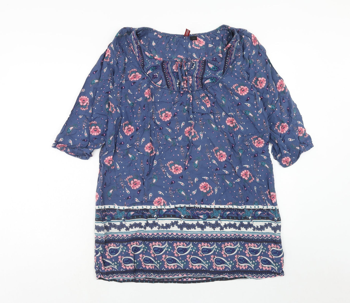H&M Womens Blue Geometric Viscose A-Line Size 10 Round Neck Pullover