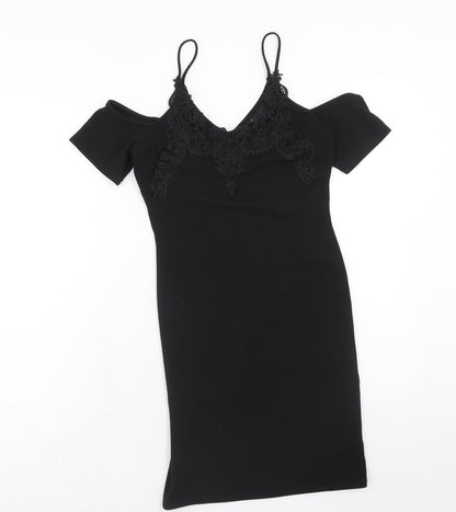 Miss Selfridge Womens Black Polyester Shift Size 8 V-Neck Pullover - Lace Detail, Cold Shoulder