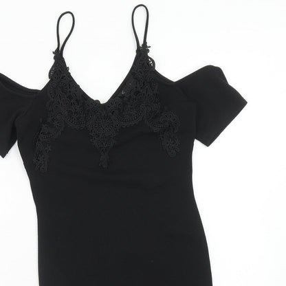 Miss Selfridge Womens Black Polyester Shift Size 8 V-Neck Pullover - Lace Detail, Cold Shoulder