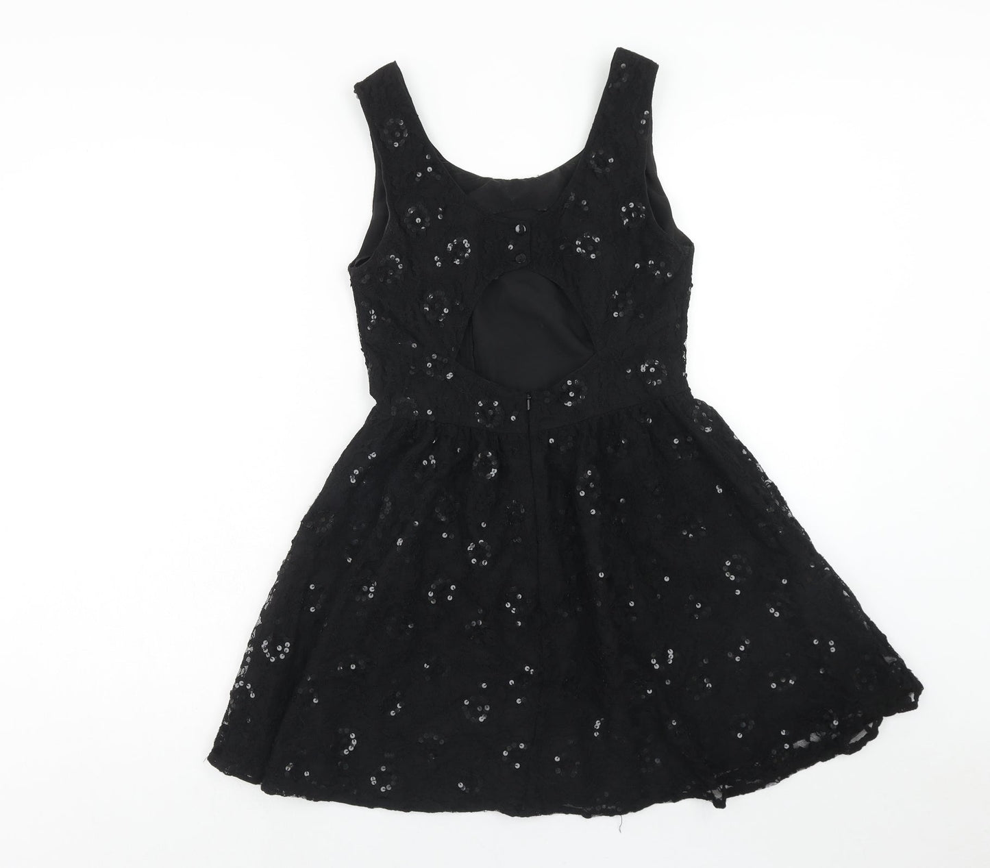 Topshop Womens Black Geometric Nylon Fit & Flare Size 10 Round Neck Button