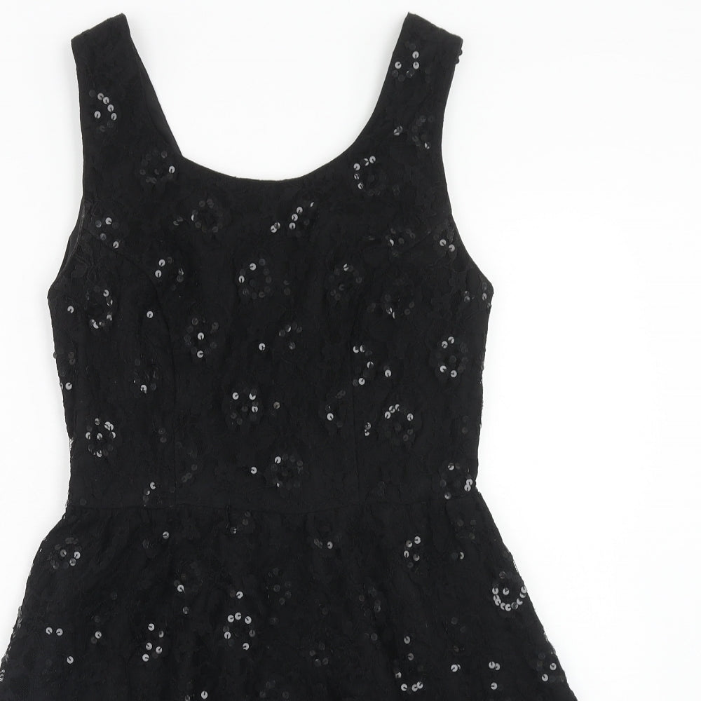 Topshop Womens Black Geometric Nylon Fit & Flare Size 10 Round Neck Button