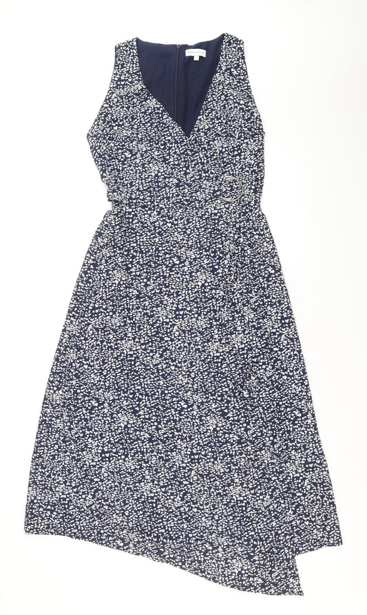 Warehouse Womens Blue Geometric Polyester Fit & Flare Size 8 V-Neck Zip
