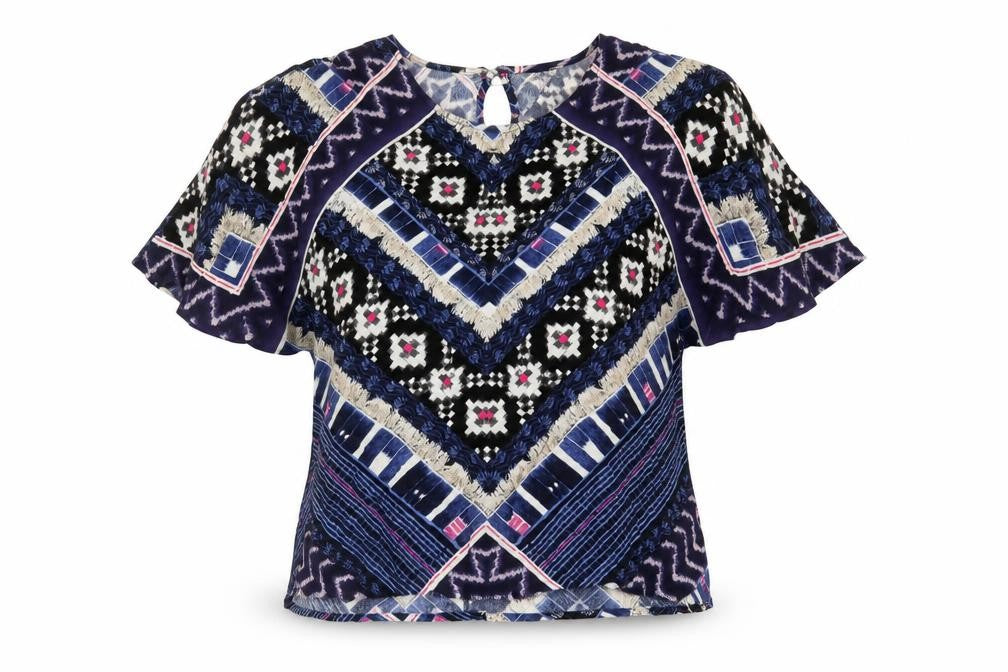 Warehouse Womens Blue Geometric Viscose Basic Blouse Size 10 V-Neck