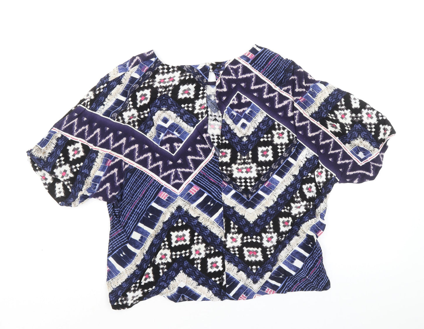 Warehouse Womens Blue Geometric Viscose Basic Blouse Size 10 V-Neck
