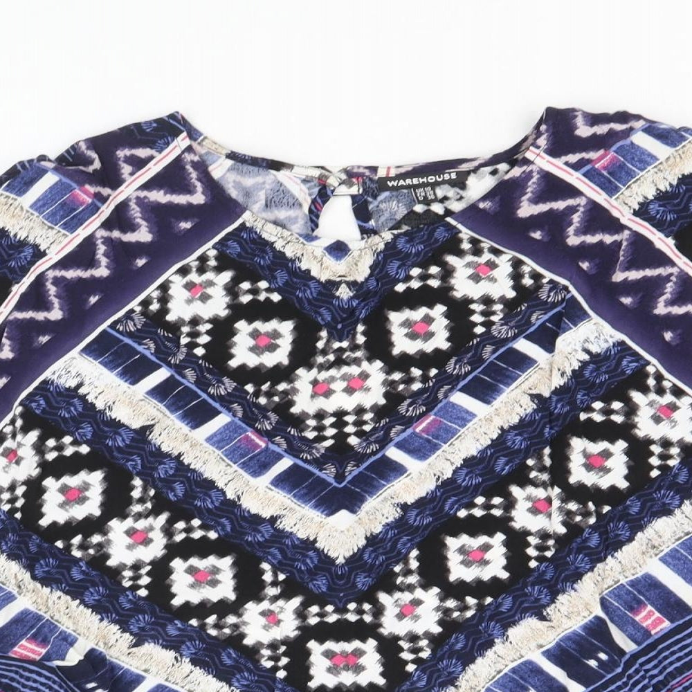 Warehouse Womens Blue Geometric Viscose Basic Blouse Size 10 V-Neck