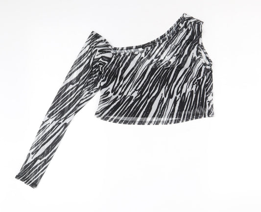 I SAW IT FIRST Womens Black Animal Print Polyester Cropped Blouse Size 12 One Shoulder - Zebra Pattern