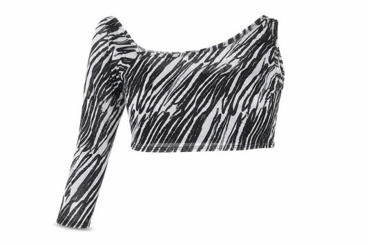 I SAW IT FIRST Womens Black Animal Print Polyester Cropped Blouse Size 12 One Shoulder - Zebra Pattern