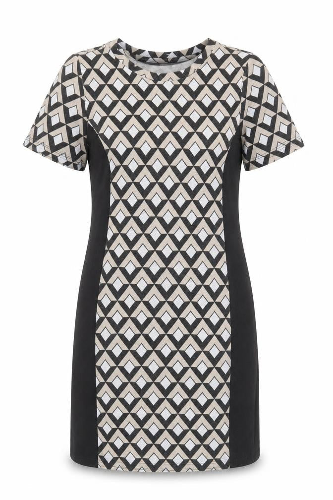 Preworn Womens Black Geometric Polyester Shift Size 10 Round Neck Pullover