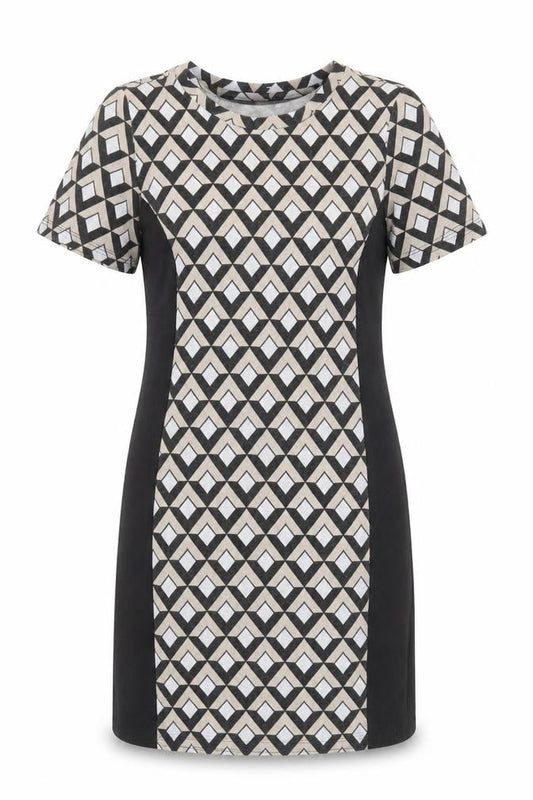 Preworn Womens Black Geometric Polyester Shift Size 10 Round Neck Pullover