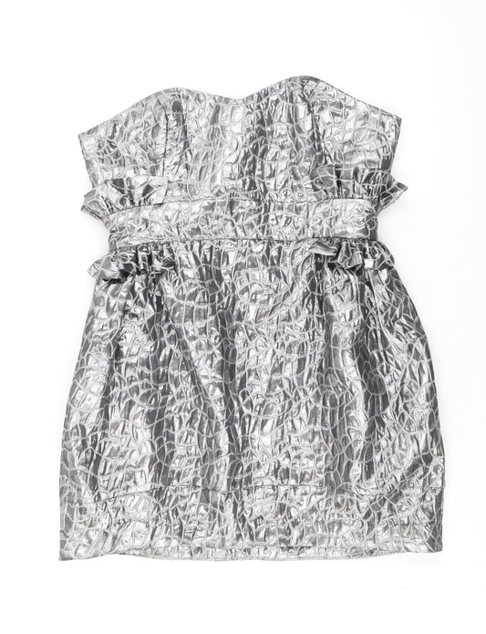 Miss Behave Womens Silver Geometric Polyester Pencil Dress Size 12 Off the Shoulder Zip