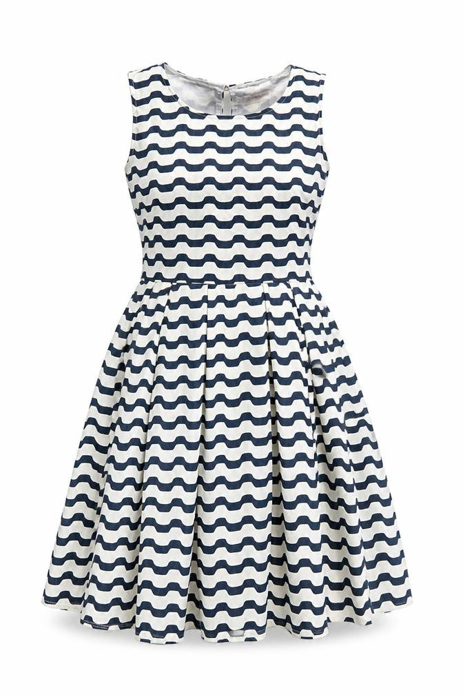 Aansari Womens Blue Geometric Polyester Fit & Flare Size L Round Neck Button