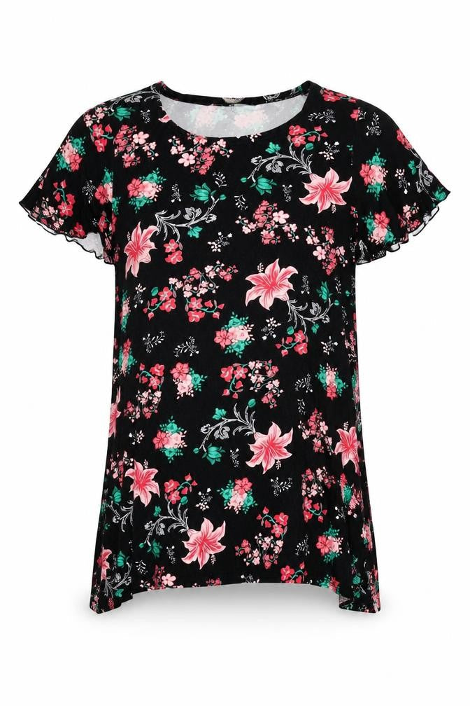 Poetic Soul Womens Black Floral Viscose Basic Blouse Size L Round Neck