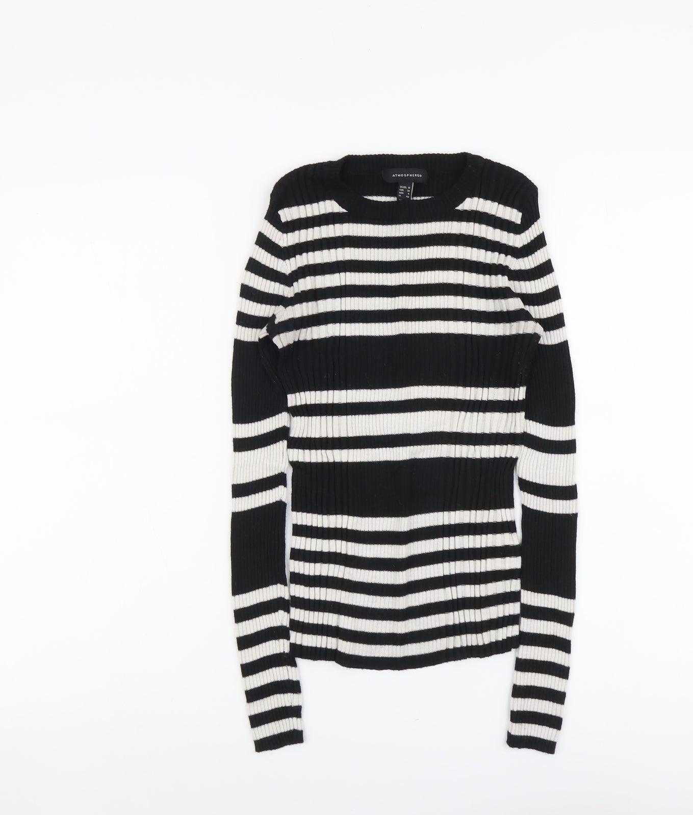 Atmosphere Womens Black Round Neck Striped Nylon Pullover Jumper Size 10