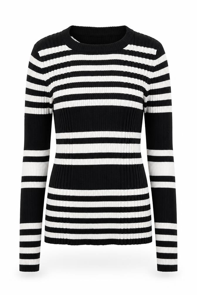 Atmosphere Womens Black Round Neck Striped Nylon Pullover Jumper Size 10