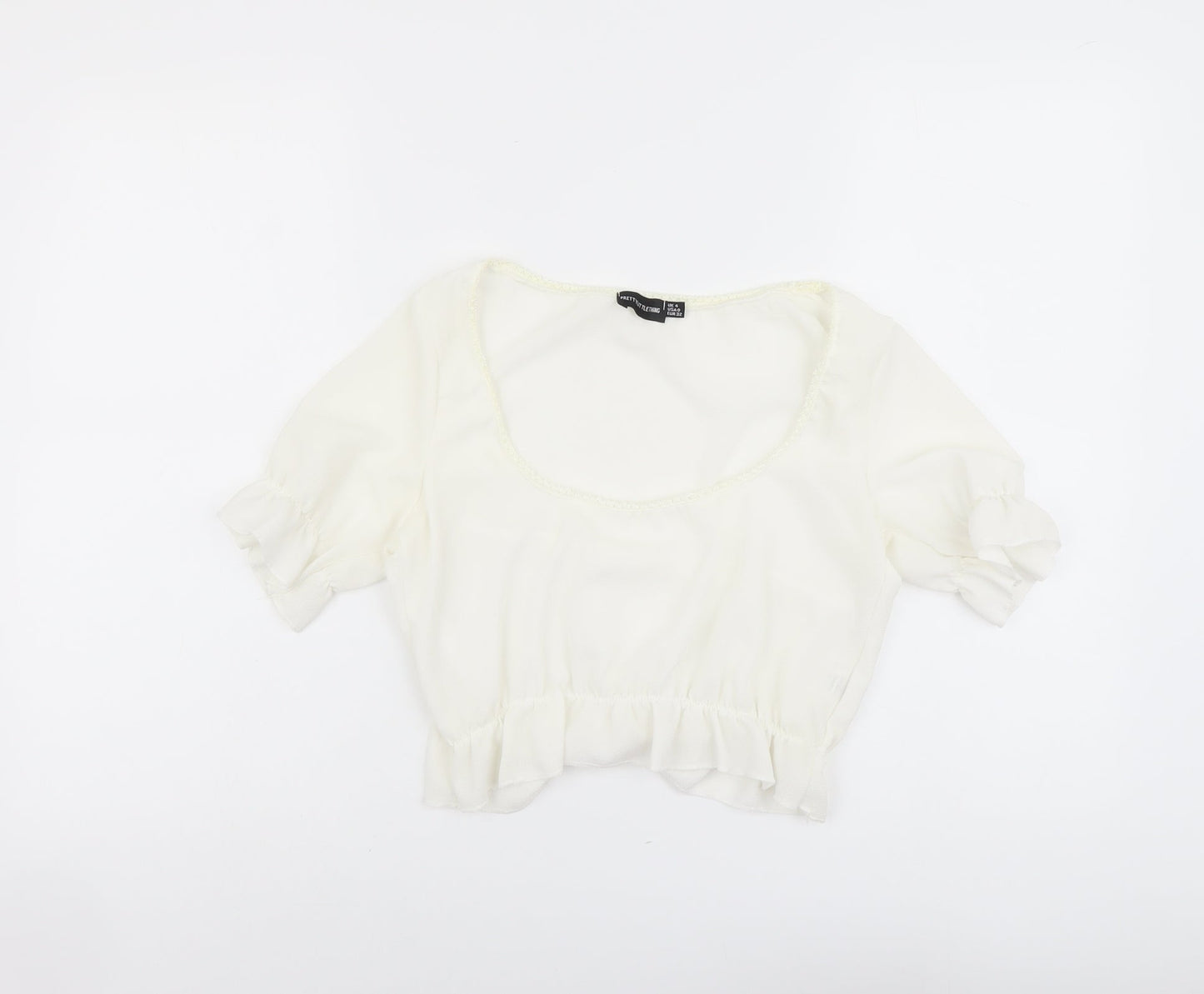 PRETTYLITTLETHING Womens Ivory Polyester Cropped Blouse Size 4 Scoop Neck