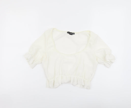 PRETTYLITTLETHING Womens Ivory Polyester Cropped Blouse Size 4 Scoop Neck