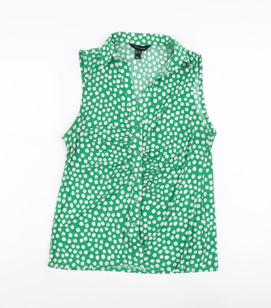 New Look Womens Green Geometric Polyester Basic Button-Up Size 12 Collared