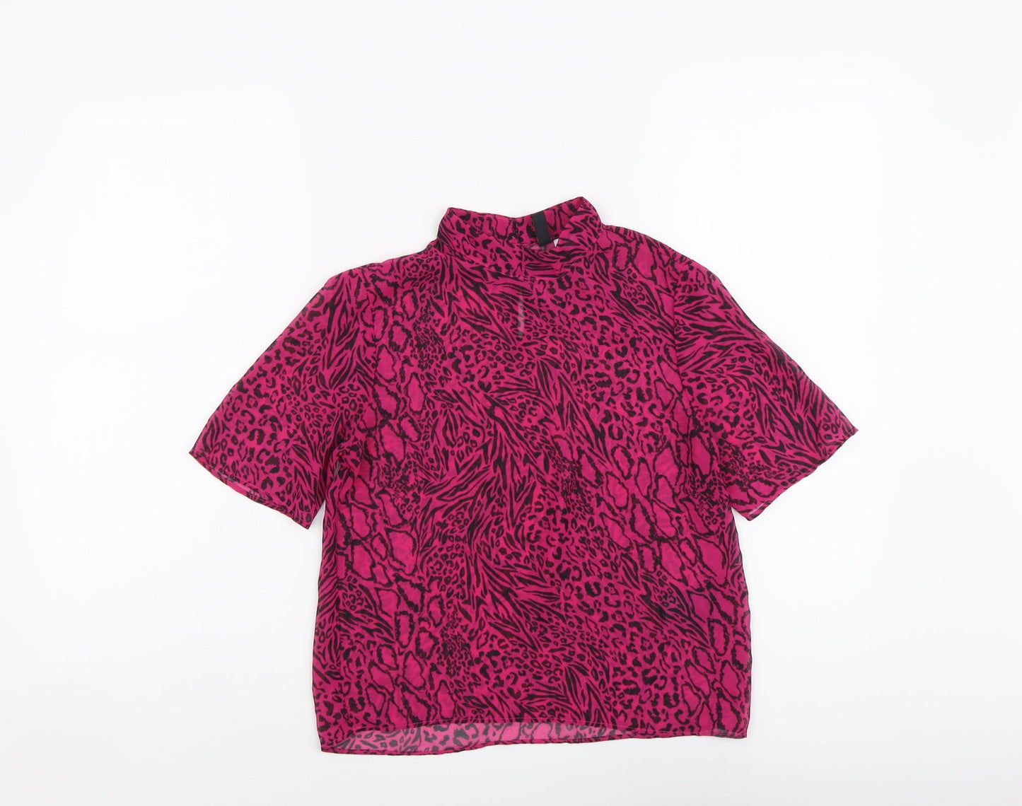 H&M Womens Pink Animal Print Polyester Cropped T-Shirt Size 4 High Neck - Leopard Print, Tiger Print