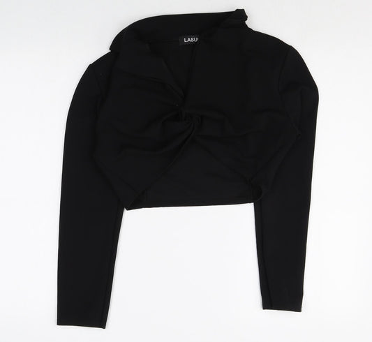 Lasula Womens Black Polyester Cropped Blouse Size 8 Collared - Knot Front