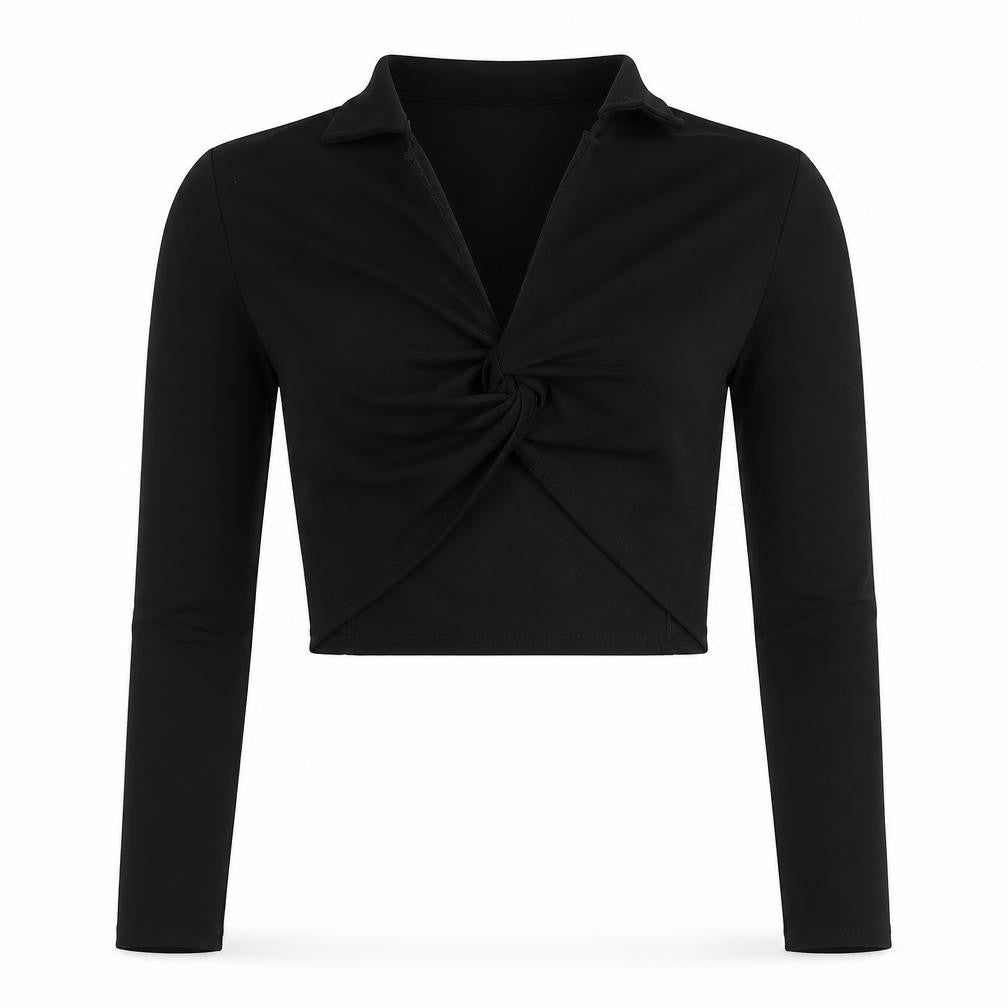 Lasula Womens Black Polyester Cropped Blouse Size 8 Collared - Knot Front