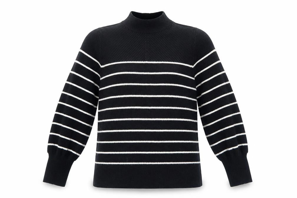 Marks & Spencer Womens Black High Neck Striped Viscose Pullover Jumper Size M Pullover